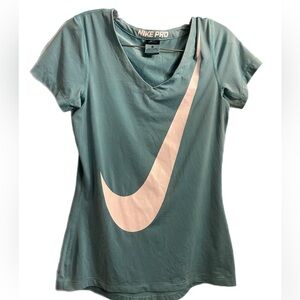 NIKE PRO aqua COMPRESSION athletic V NECK T SHIRT Women sz Medium Run Workout